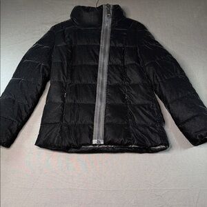Calvin Klein Velour Velvet Quilted Puffer Coat Black M Asymmetrical Zip